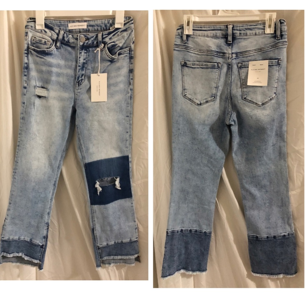 Flying monkey shredded distressed patchwork‎ look frayed hem jeans size 29 new
